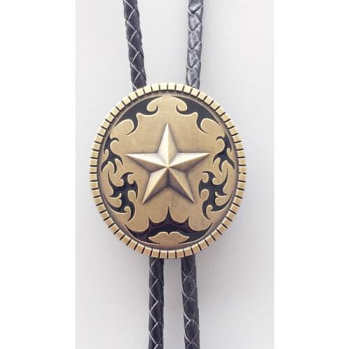 New Vintage Bronze Plated Original Western Oval Star Wedding Bolo Tie Leather Necklace