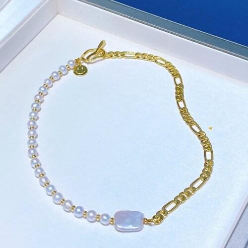 Owe Design 2021 7-8mm Natural Freshwater Pearl With Chain Necklace Elegant Baroque Pendant Choker