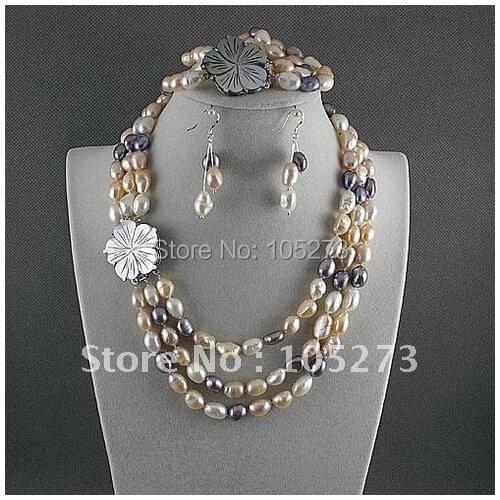 Charming!jewelry set AA 8-9mm white pink gray Genuine freshwater pearl necklace bracelet earring Hot sale free shipping A2396