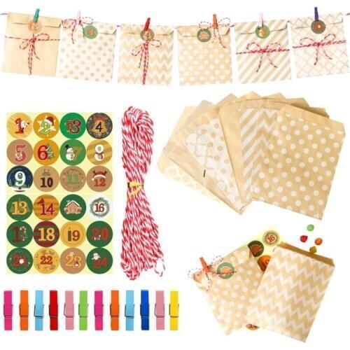 24 Sets Kraft Paper Bag Candy Gift Food Packaging Treat Bags 1-24 Advent Calendar Stickers Christmas Party Supply