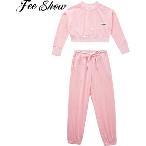 Kids Girls Casual Sports Outfits Gym Workout Tracksuits Long Sleeves Crop Top Elastic Waist Long Pants with Pockets Sports Sets