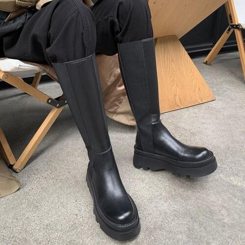 INS Autumn Winter Brand Women Knee High Boots Genuine Leather Thick Heels Punk Platforms Shoes Woman Motorcycle Boots
