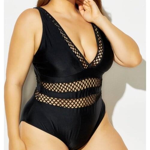 L- 8XL Swimsuit One Piece Plus Size Swimwear Women Big Sizes Bathing Suit for Woman 1 Sexy Fishnet Monokini Black Swim Suits