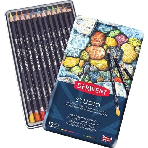 Derwent Studio Colored Pencils,3.5mm Core,Metal Tin,12 Count (32196),Ideal for Controlled Work and Finely Detailed Illustrations