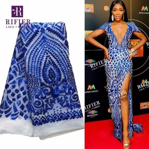Sequined Party Dress Fabrics African Royal Blue Sequins Mesh Tulle Lace Fabric For Wedding 2018 Fashion Designer Net Material