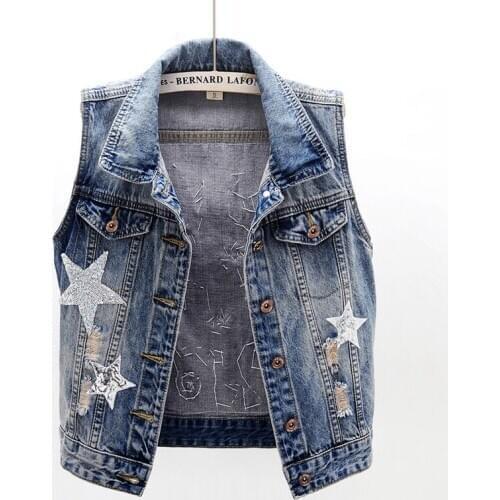 2020 Spring Short Jeans Vest Women Fashion Sequins Star Sleeveless Jacket Vintage Hole Denim Waistcoat Wild Ladies Vest D3593