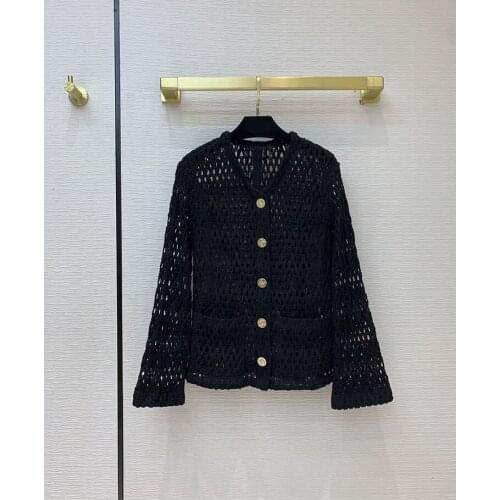 Luxury Black Hollow 2021 Early Spring Women New Elegant Intellectual All-match Woven V-neck Knitted Cardigan Thin Coat Tops
