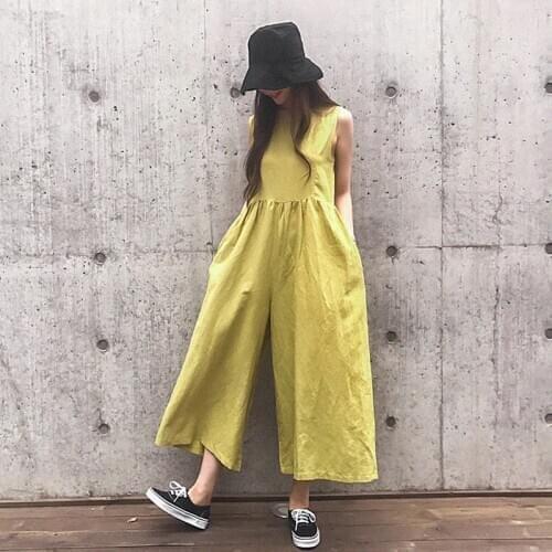 Johnature New Casual Japanese Linen Sleeveless Ankle-length Women Jumpsuits 2021 Summer 3 Colors Pockets Playsuits