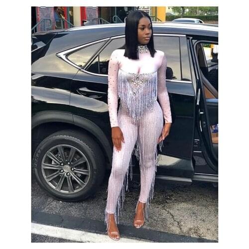 Shining Crystals Tassel Womens Jumpsuit Sexy Printed Big Stones Rompers Prom Birthday Celebrity Outfit Nightclub Show Costume