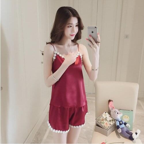 Enlarged Imitation Silk Vest Suspender Ice Silk Pajamas Women Summer Two Piece Sexy Shorts Set Home Clothes