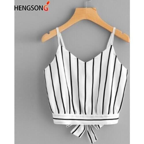 Striped Split Tie Back Crop Cami Top Women Casual Spaghetti Strap Bow Top Vest 2020 Summer Knot Beach Vest