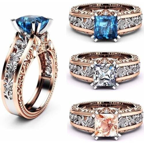 Vintage Rose Gold Zircon Ring for Women Sky Blue Engagement Jewelry Ring