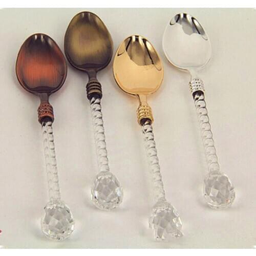 1Pcs Teaspoon Flatware Vintage Alloy Kitchen Tableware Small Coffee Spoon Crystal Handle Multifunction Sugar Tea Dessert Cutlery