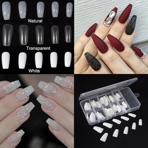 100PCS / Box Nail Tips Ballerina Nails French Acrylic False Nail Art Tips Coffin Shape Artificial Full False Nails with Box