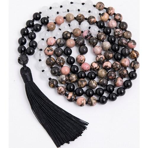 8mm Natural Rhodolite White Marble Black Agate Beaded Knotted Necklace Meditation Yoga Blessing Jewelry 108 Mala Rosary