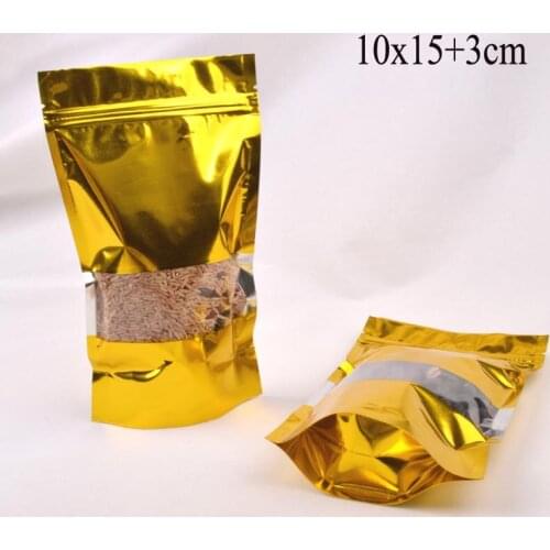200PCS 10*15+3cm Standup golden aluminium foil ziplock bag / pouches Zipper resealable gift bag with window