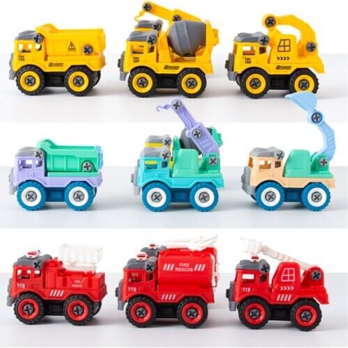 4pcs Construction Toy Engineering Car Fire truck Screw Build and Take Apart Great for Kids Boys