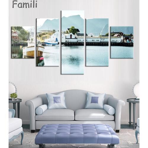 5pcs Norway mountains sea seaside town lofoten islands beautiful Living room home art decor wood frame fabric poster