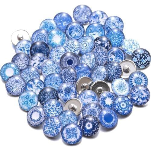 50pcs/lot Mixed Blue and white Porcelain Pattern & Styles Charms 18mm Glass Snap Button For DIY Bracelet Snaps Jewelry KZHM011