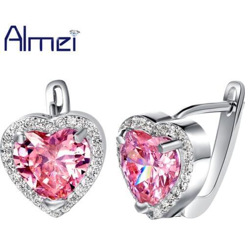 Almei 5% Off Fashion Heart Brincos Silver Color Pink Heart Earrings for Women Wedding Bridal Stud Earring Pink Red Stones R719