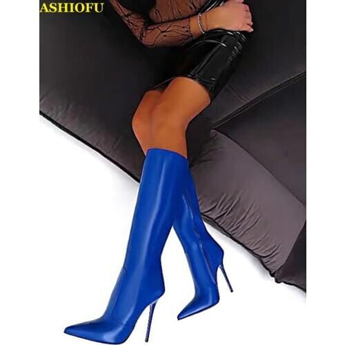 ASHIOFU Handmade Womens Stiletto Heel Boots Pointed-toe Sexy Club Party Dress Knee Boots Western Evening Fashion Boots Shoes