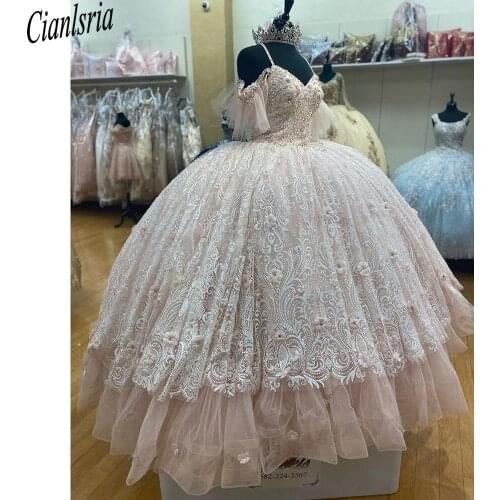 Quinceanera Dresses 2021 Princess Ball Gown Off The Shoulder Lace Flower Pageant Party Sweet 15 Dress