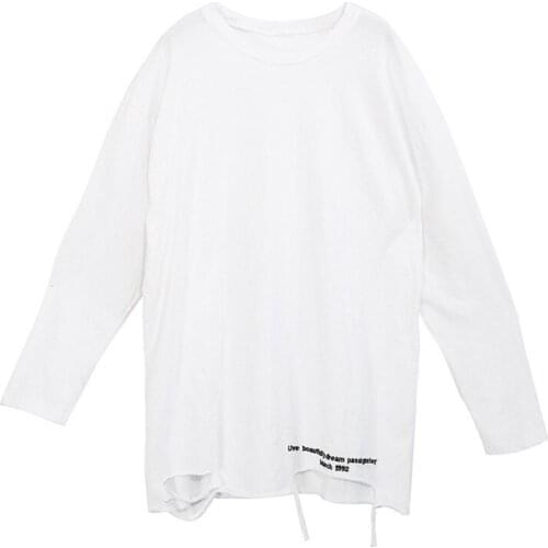FA Spring Autumn 2021 Brief White Women Hole Plus Size Personality Simple T-Shirt O-Neck Long Sleeve Fashion Tide Tees Korean