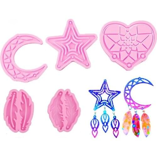 5-piece Love Moon Five-pointed Star Feather Full Mirror Epoxy Silicone Mold Resin Epoxy Kit and Molds Diy Resin Molds Cake Decor