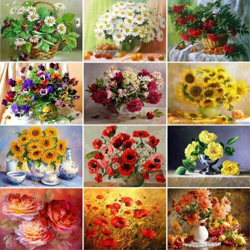 GATYZTORY Diamond Embroidery Flower Picture By Rhinestones Diamond Painting Floral Full Square Drill Diamond Mosaic Home Decorat