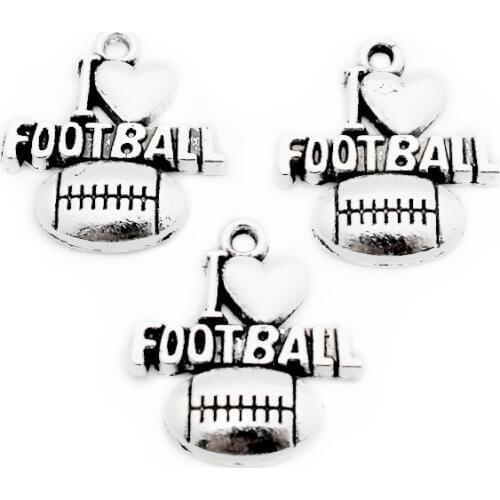 Hot Sale 12pcs/lot Sport I Love Football Silver Alloy Dangle Charms Lobster Clasp Hanging Charm For DIY Neckcace Bangle Jewelry
