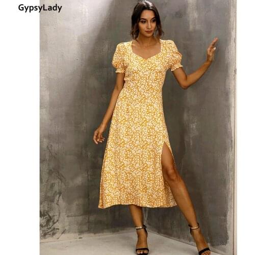 GypsyLady Yellow Floral Summer Dress Casual Vintage Women Midi Dresses Puff Sleeve Chic Split Sexy Ladies Girls Party Dress