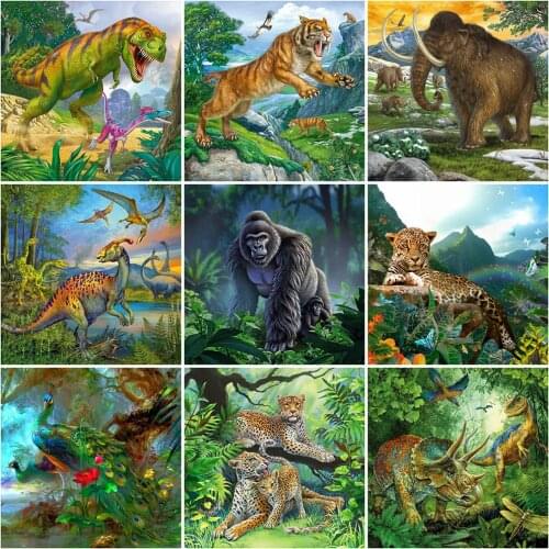 HUACAN 5D DIY Diamond Painting Dinosaur Jurassic Zoo Full Drill Square Diamond Embroidery Animal Tiger Mosaic Home Decoration