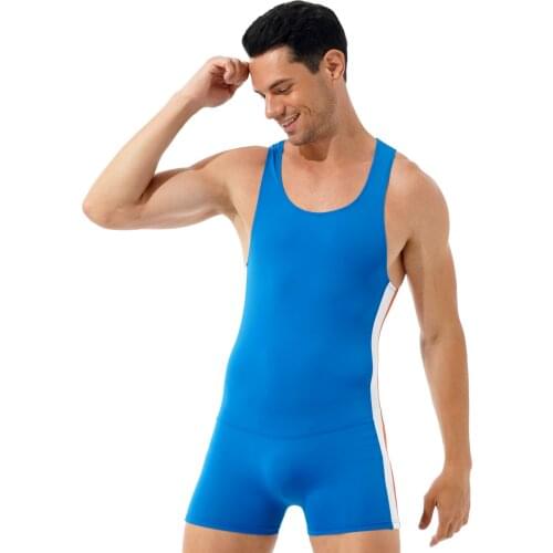 Skinny Bodysuit Men Sleepwear Contrast Color Stripe Athletic Wrestling Jumpsuit Stretchy Leotard O Neck Sleeveless Sport Gym New