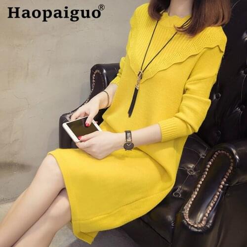 Korean Style Modis Black Knitted Dress Women Long Sleeve Midi Loose Casual Sweater Dress Women Basic Clothe Solid Office Dress