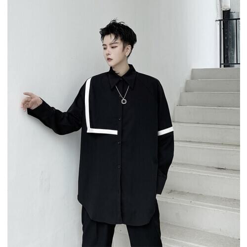 2020 New Fashion Long Black Shirt Men Contrast Color Leather Patchwork Thin Cloak High Street wear Hip-Hop Loose Cool Tops