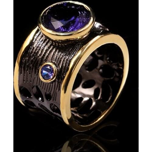 Independent design European and American style purple black gold inlaid round crystal ring exquisite charm ladies jewelry