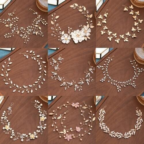 Gold Tiaras Headbands Pearls Crystal Hair Band Vines Wedding Hair Accessories Party Handmade Hairbands Women Jewelry