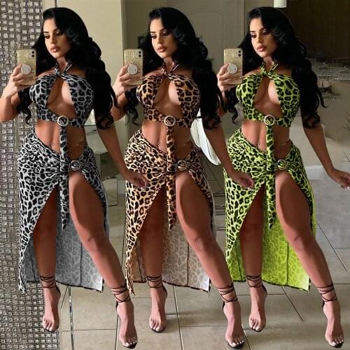 Sexy Leopard Two Piece Set Summer Women Cross Hollow Out Halter Bandage Backless Split Skirt Matching Suit Party Club Streetwear