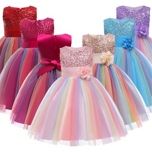 Kids Formal Dress Flower Sequins Round Collar Sleeveless Sundress for Summer 3-10 Years Girls Casual Dresses Clothing