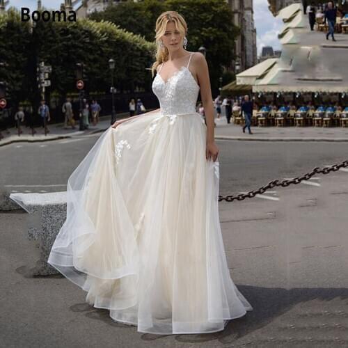 Booma Champagne Beach Wedding Dresses for Bride 2020 Lace Appliqued Boho Soft Tulle Princess Party Gowns Lacing Plus Size 2020