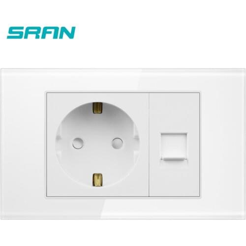 SRAN EU Standard Socket and Rj45 Socket ,with Pearl Crystal Glass Panel 118mm*72mm Internet Outlet with Power Socket