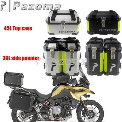 Universal Motorcycle 3 Boxes 45L 32L Aluminum Side Pannier Case Top Case Trunk Box Side Cargo Outback Rear Tail Top Box w/ Rack