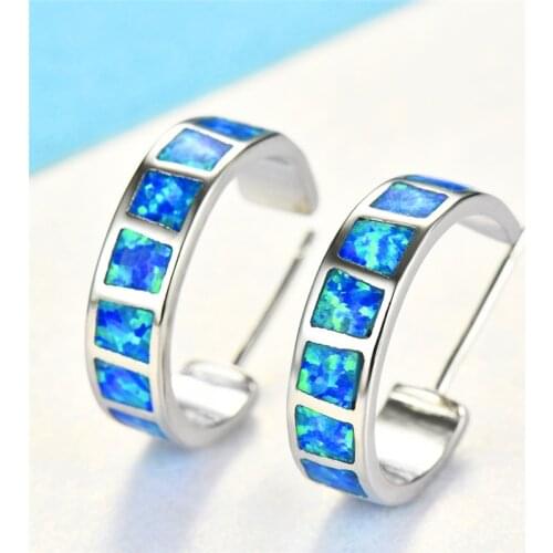 925 Sterling Silver Filled Round Hoop Earrings For Women Men Blue White Fire Opal Earrings Female Wedding Piercing Jewelry Gifts