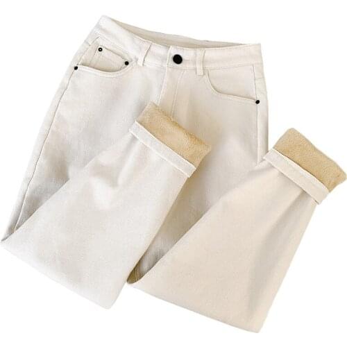 Womens Woolen Pants 2020 Korean Casual Solid High Waist Plus Velvet Trousers Female Streetwear Cuffs Stright Pantalon Xx115