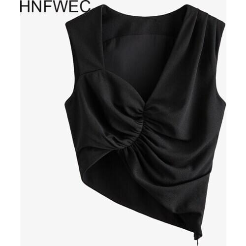 Women Black Irregular Pleated Zipper Tank Tops New V-collar Sleeveless Personality Fashion Tide Spring Summer 2020 U249