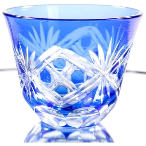Hand Cut Kiriko 50ml Blue Shot Glasses Shochu Sake Glass Cup Handcraft Set of 2 pieces