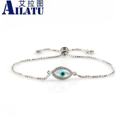 Ailatu Micro Pave Cubic Zirconia Blue Eye Charm Bracelet Made up of High Quality Copper Link Chain for Women or Girls