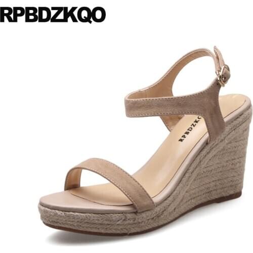 Suede ladies pumps nude open toe soft rope women wedge platform sandals designer shoes slingback flatform summer ankle strap
