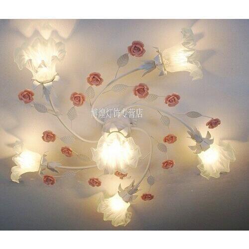 European-style garden living room Romantic Restaurants white wrought iron pink ceramic flowers glass lampshade Ceiling Lamp c131