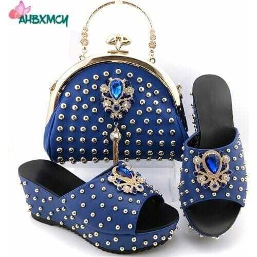 Italian Office Lady Shoes and Bag Set in Royal Blue Color African Ladies Shoes Matching Bag with River for Wedding Party